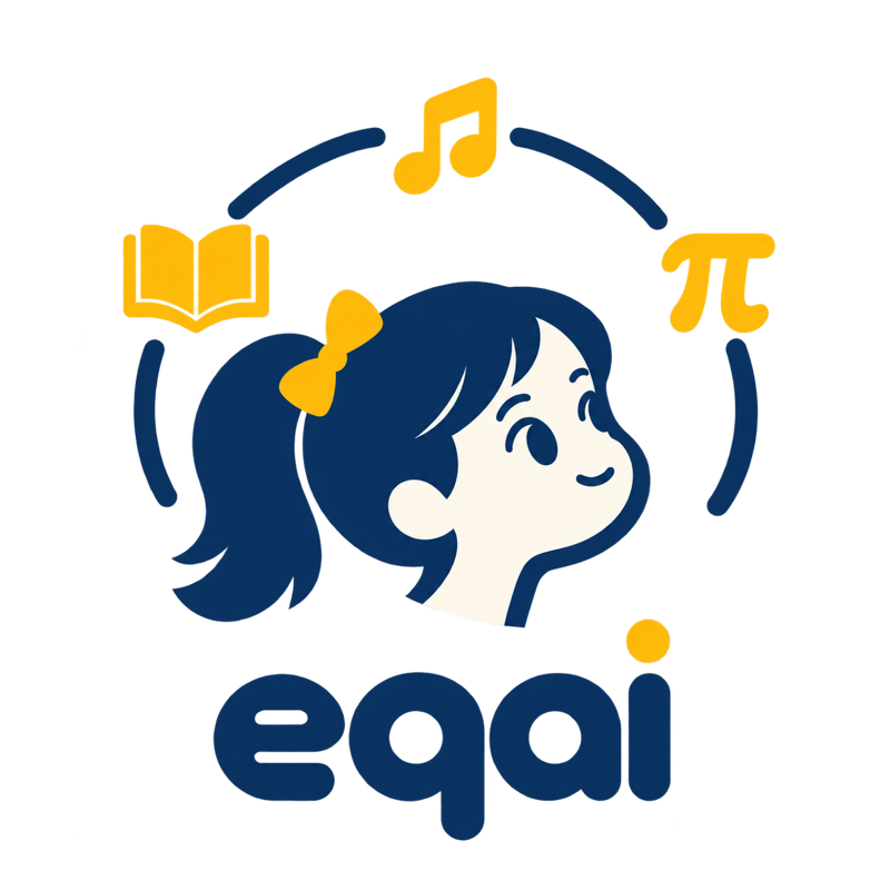 eqai: una niña mira con curiosidad un libro, una nota musical y el símbolo pi.